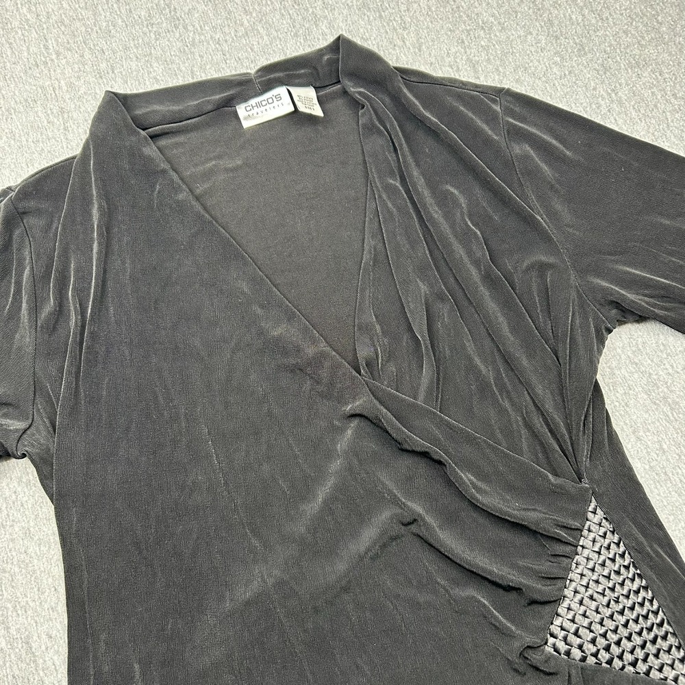 Chicos Travelers Black Dress Womens 2‎ Knee Length 3/4 Sleeve Faux Wrap Vneck